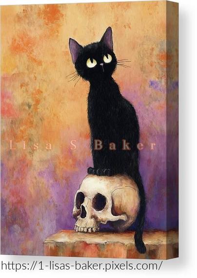 Shadow on the Skull / Halloween Holiday Art by Lisa S Baker. A black cat with striking yellow eyes sits atop a human skull, against a backdrop of warm oranges and cool purples. The juxtaposition of the playful feline and the macabre skull creates an intriguing blend of mystery and whimsy. The textured background adds depth and contrast to the central figures