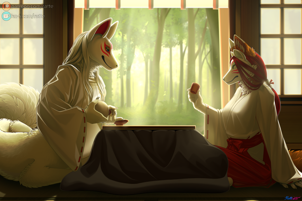Two anthropomorphic fox-like characters sitting across a kotatsu from each other in a Shinto shrine.
