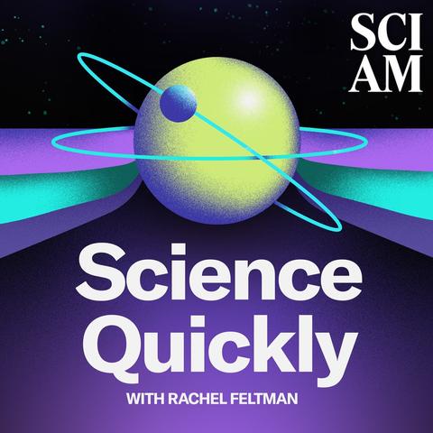 Illustration of a Bohr atom model spinning around the words Science Quickly with various science and medicine related icons around the text