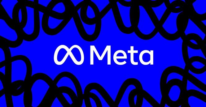 Image of the Meta logo and wordmark on a blue background bordered by black scribbles made out of the Meta logo.