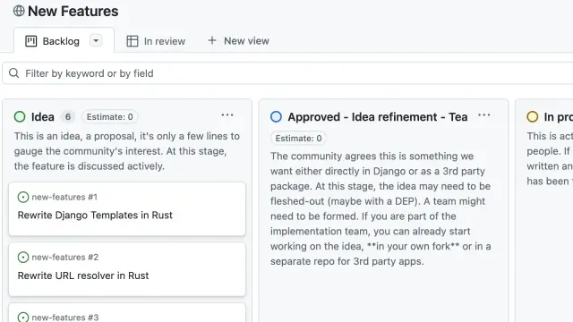 New features project board screenshot, with Idea and Approved column