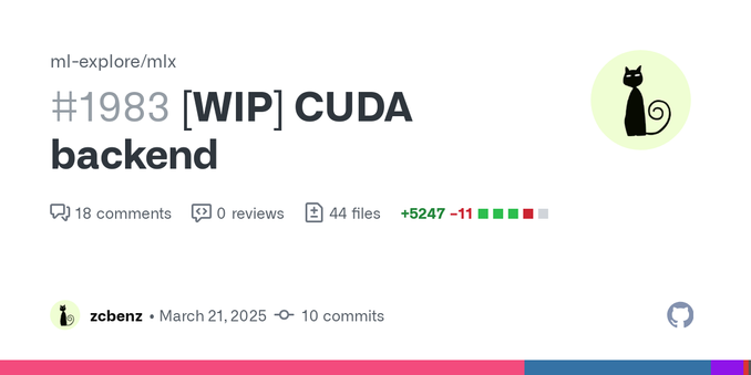 This PR is an ongoing effort to add a CUDA backend to MLX, very little things work now but you can run the tutorial example already.
To build and test:
$ cmake . -Bbuild -DMLX_BUILD_CUDA=ON -DMLX_B...