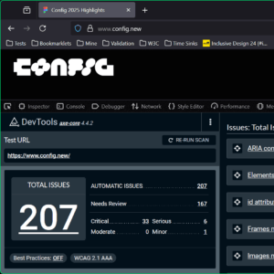 A Figma Sites demo with axe dev tools open and showing 207 WCAG errors. A Figma Sites demo with axe dev tools open and showing 207 WCAG errors.