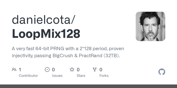 A very fast 64-bit PRNG with a 2^128  period, proven injectivity, passing BigCrush & PractRand (32TB). - danielcota/LoopMix128
