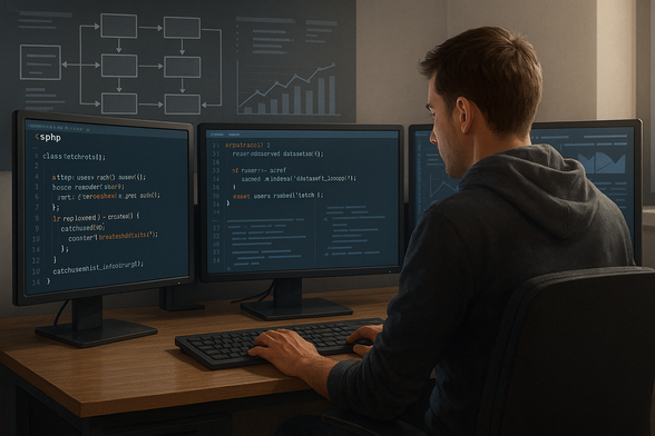 A digital illustration of a software engineer reviewing complex PHP code on multiple monitors, with flowcharts and performance graphs in the background, symbolizing thoughtful code optimization.