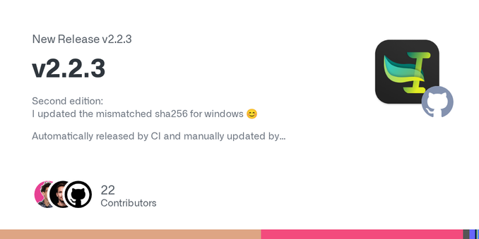 Second edition:
I updated the mismatched sha256 for windows 😊
Automatically released by CI and manually updated by @AucaCoyan
Hey! long time no see huh?
I could sign a macOS silicon (M-arch) packag...