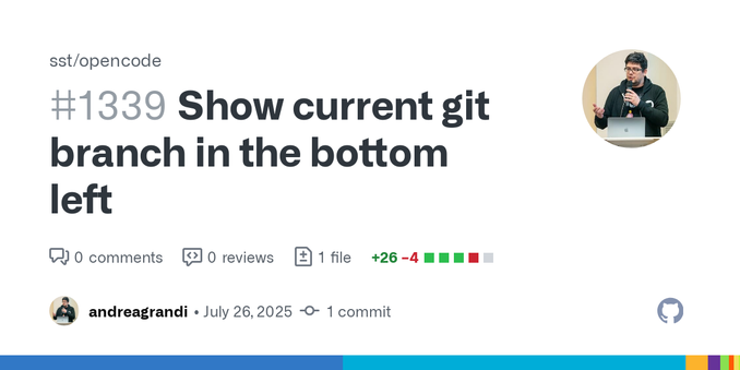 The display format is now:
opencode v0.3.77 ~/Projects/opencode 🌿 show-git-branch
Fixes #1337