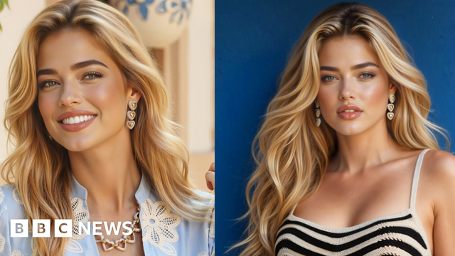 AI generated image of a woman with blonde hair wearing a blue floral top on the left and a black and white dress on the right
