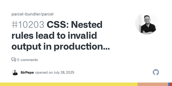 🐛 bug report Parcel outputs invalid CSS in production mode when a declaration with a var() (and possibly other function values) appears between two nested rules. Example: div { table { color: lime;...