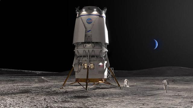 Artist rendition of a lander on the lunar surface with people working and Earth in distance.
