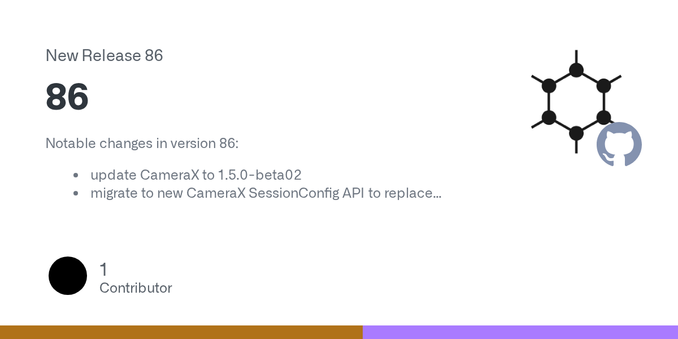 Notable changes in version 86:

update CameraX to 1.5.0-beta02
migrate to new CameraX SessionConfig API to replace CameraX UseCase API
use CameraX SessionConfig API to mark Electronic Image Stabili...