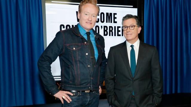 NEW YORK, NEW YORK - NOVEMBER 10: Conan O'Brien and Stephen Colbert tape an episode of his "Conan O'Brien Needs A Friend" Podcast at t Beacon Theatre on November 10, 2022 in New York City. The episode will exclusively premiere next week on SiriusXM’s Team Coco Radio channel 106. (Photo by Astrid Stawiarz/Getty Images for SiriusXM)