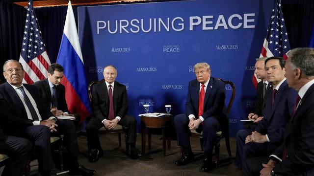 President Donald Trump meets with Russia's President Vladimir Putin Friday, Aug. 15, 2025, at Joint Base Elmendorf-Richardson, Alaska. At left is Russia's Foreign Minister Sergey Lavrov and second from right is Secretary of State Marco Rubio. (AP Photo/Julia Demaree Nikhinson)