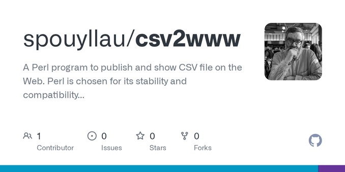 A Perl program to publish and show CSV file on the Web. Perl is chosen for its stability and compatibility with web services - spouyllau/csv2www