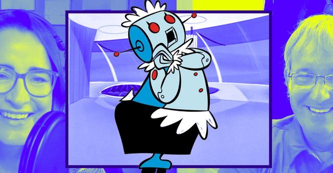 image of Rosie the robot from The Jetsons over a stylized view of guests on The Vergecast