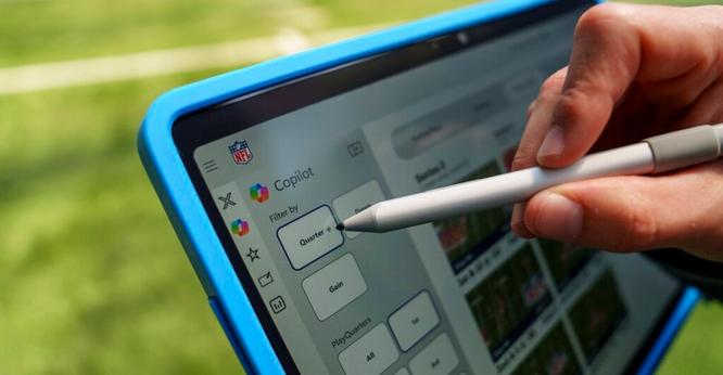 Close up of Surface Copilot Plus PC running NFL applications for coaches and analysts