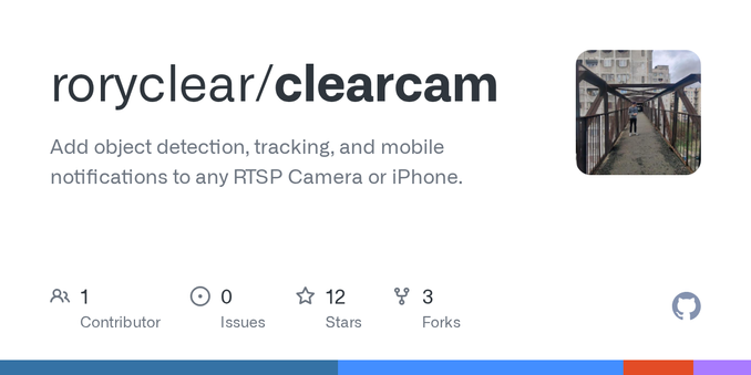 Add object detection, tracking, and mobile notifications to any RTSP Camera or iPhone. - roryclear/clearcam Add object detection, tracking, and mobile notifications to any RTSP Camera or iPhone. - roryclear/clearcam