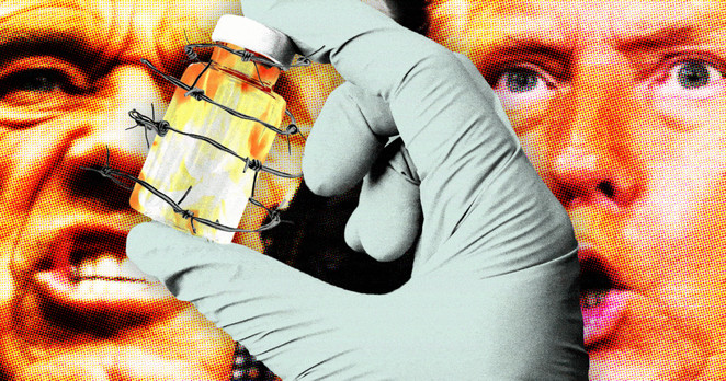 Robert F Kennedy Jr. and Donald Trump behind a medical gloved hand holding vaccine vial wrapped in barbed wire