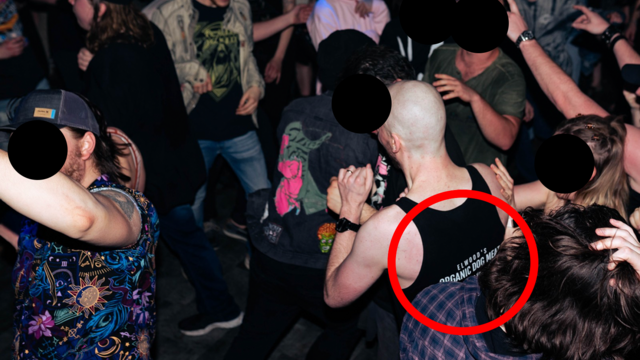 Me wearing a shirt that says "Elwood's Organic Dogmeat" in a mosh pit at a punk show.