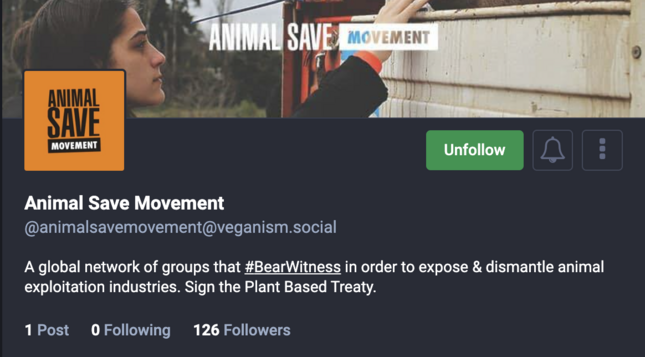A preview of Animal Save Movement's profile page. Their bio reads "A global network of groups that #BearWitness in order to expose & dismantle animal exploitation industries. Sign the Plant Based Treaty."