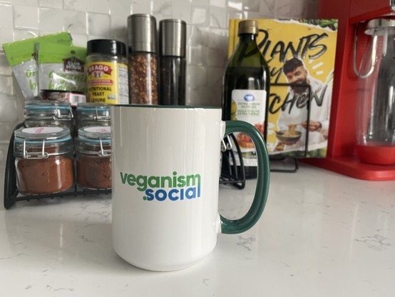 A picture of a mug with the Veganism Social wordmark on it. In the background is my kitchen with spices, Gaz Oakley's        cookbook, and a sodastream.