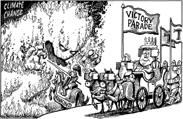 Political cartoon from the Economist. Mankind battling climate change while king trump drives by with blinders