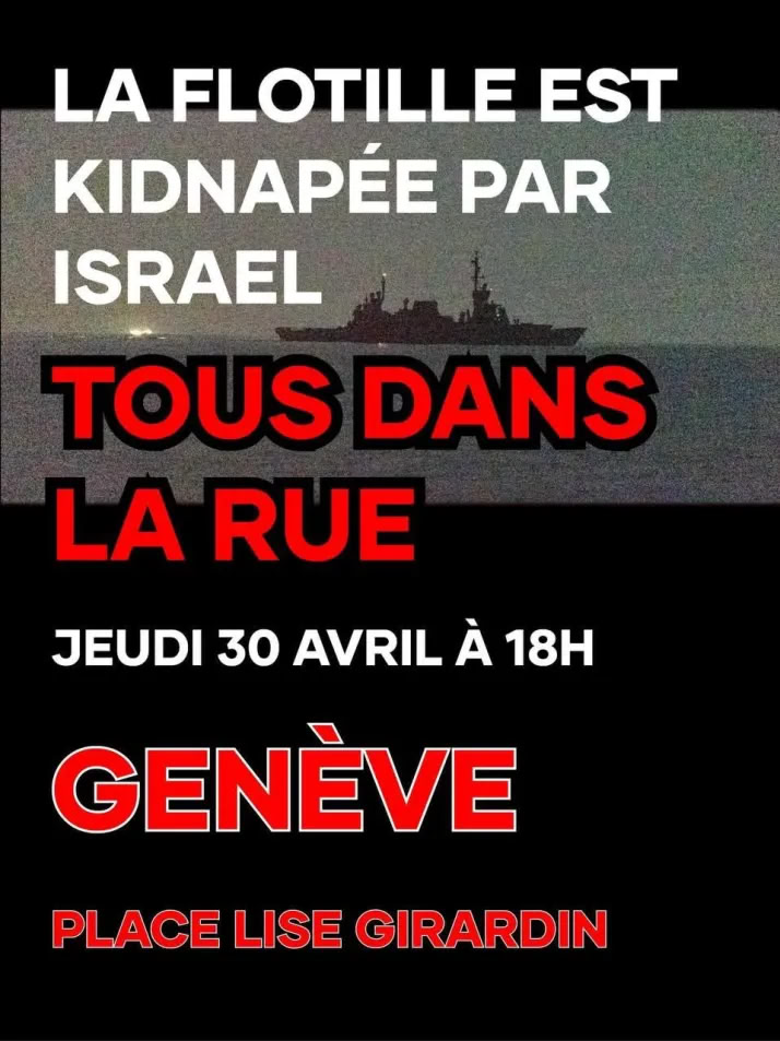 L’affiche pour le rassemblement de Genève, pas d’informations supplémentaires à celle du post. Derrière le texte on voit une photo d’une mer avec dessus un bateau qui ressemble à une bâtiment militaire.