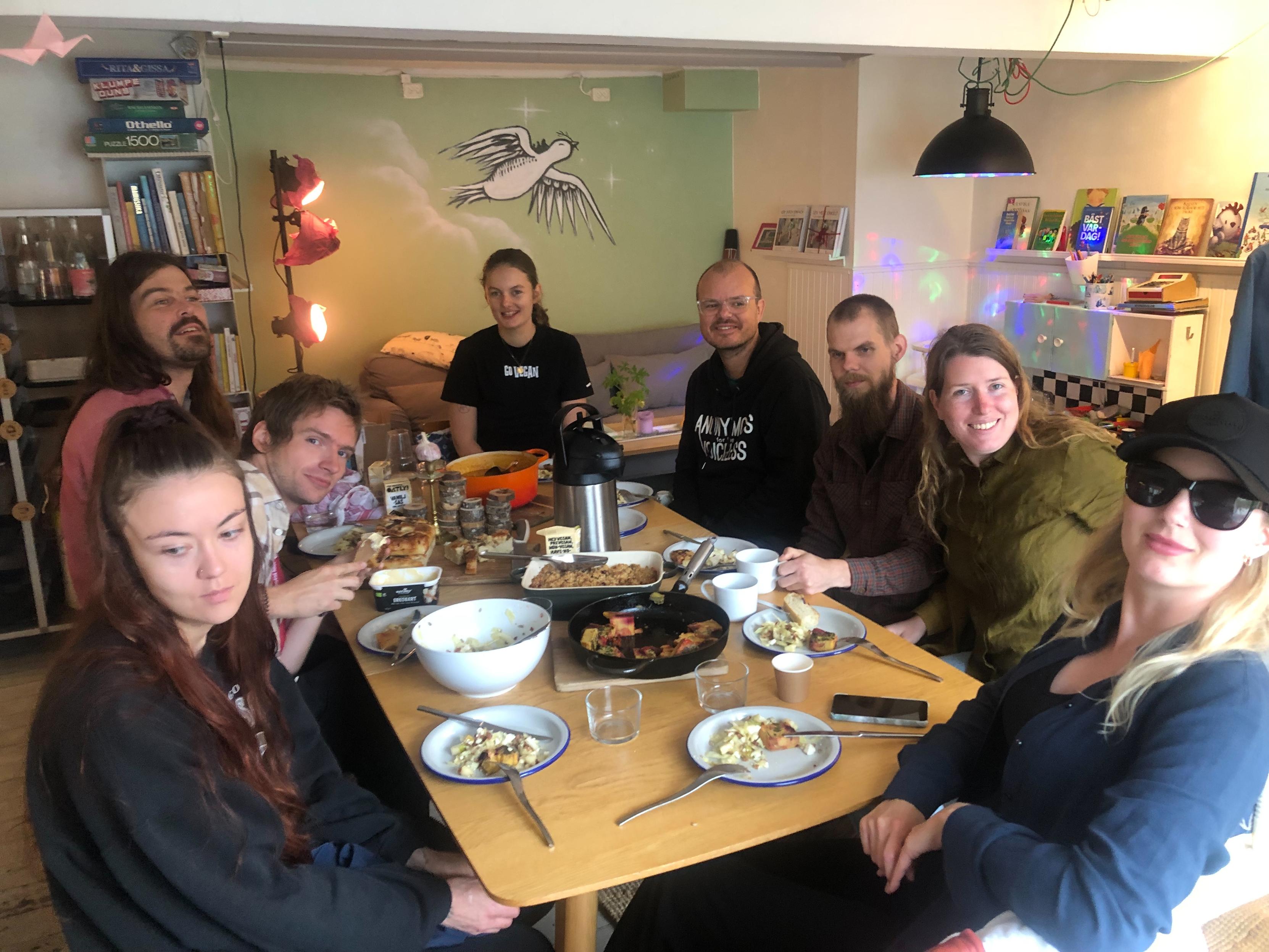 group of people sitting around a  vegan table  on the älmhult’s animal rights day