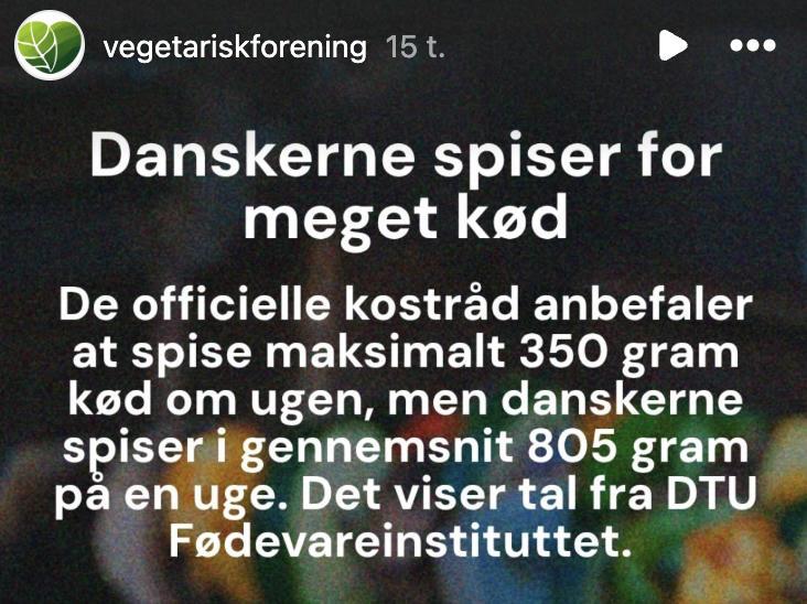 vegetariskforening:

»Danskerne spiser for meget kød. De officielle kostråd anbefaler at spise maksimalt 350 gram kød om ugen, men danskerne spiser i gennemsnit 805 gram på en uge. Det viser tal fra DTU Fødevareinstituttet.«