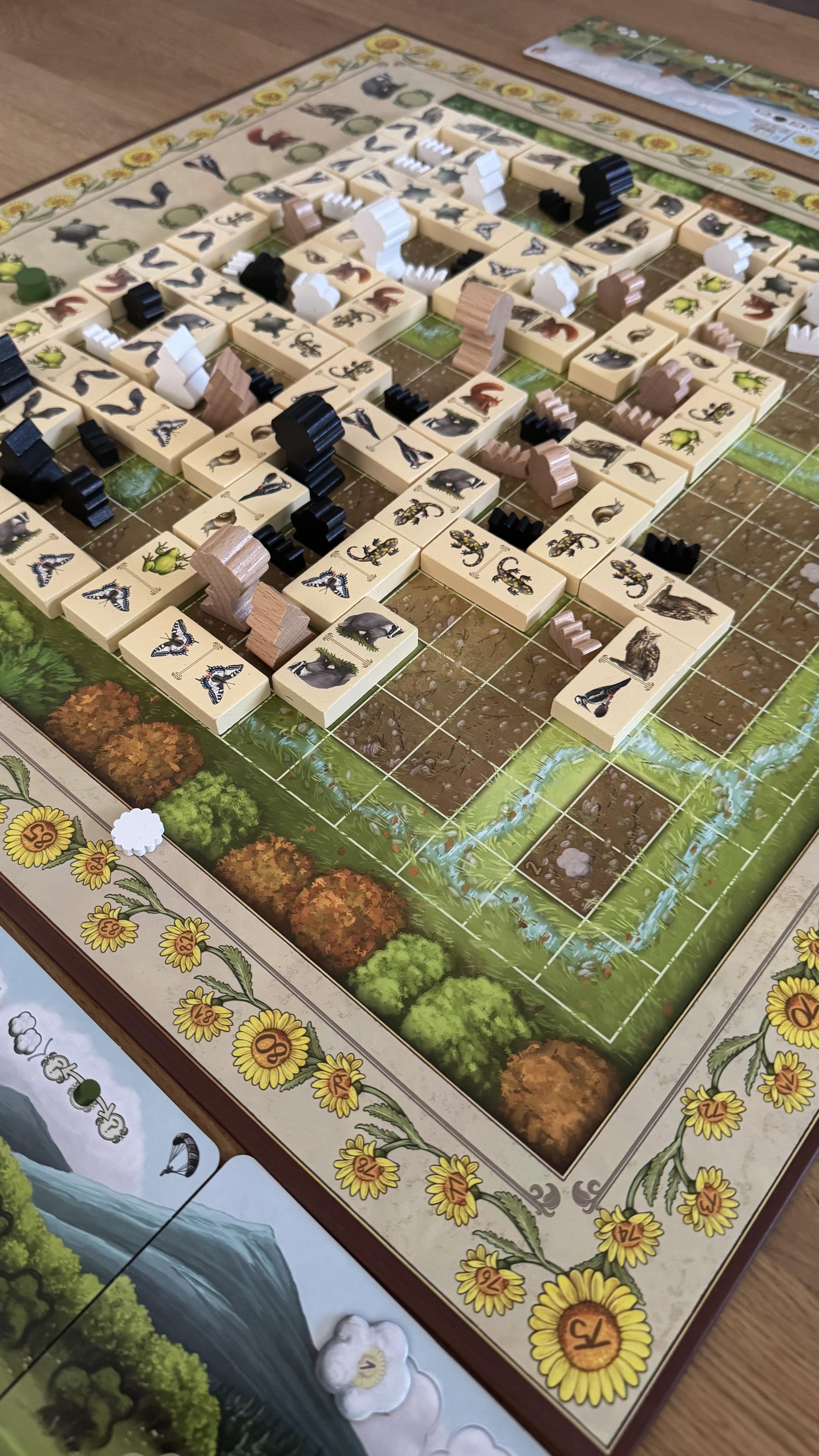 Brettspiel mit Dominosteinen, die mit Teiermotiven bedruckt sind