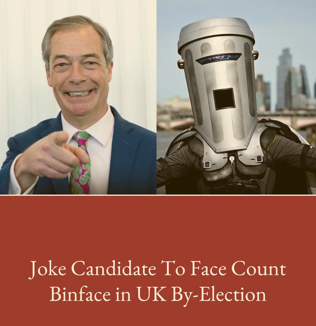 Farage side by side with Count Binface underneath a legend reads "Joke candidate to face Count Binface in UK By-election"