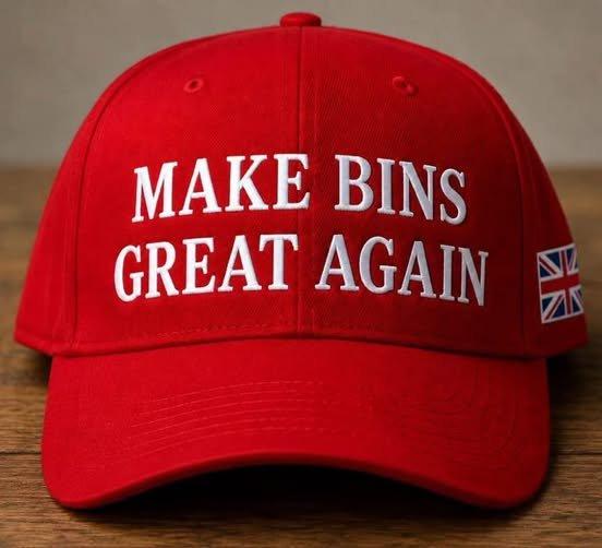A hat saying "Make Bins Great Again'