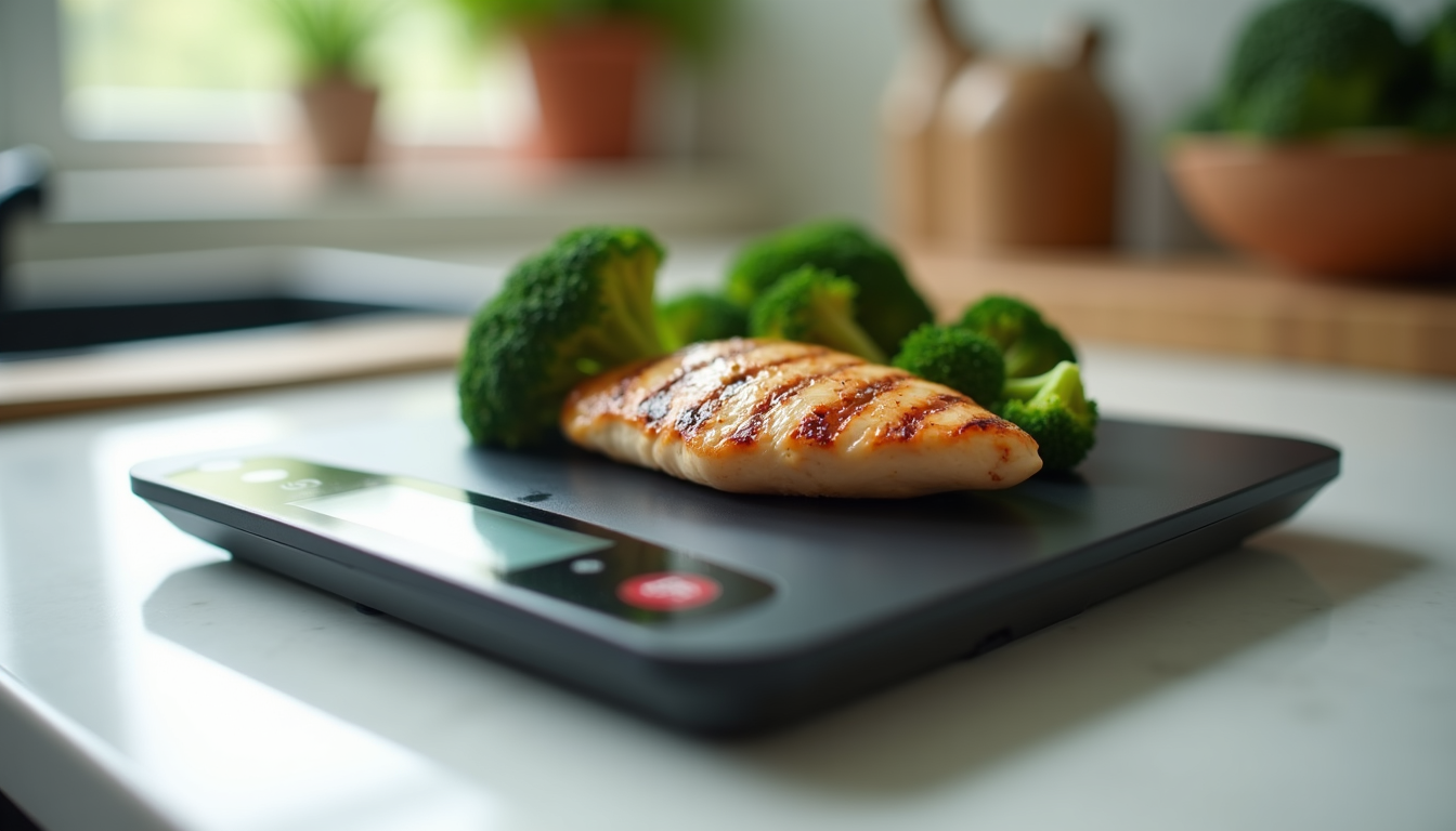 close-up photo of a digital food scale with chicken breast and broccoli on it, showing a clear weight reading
