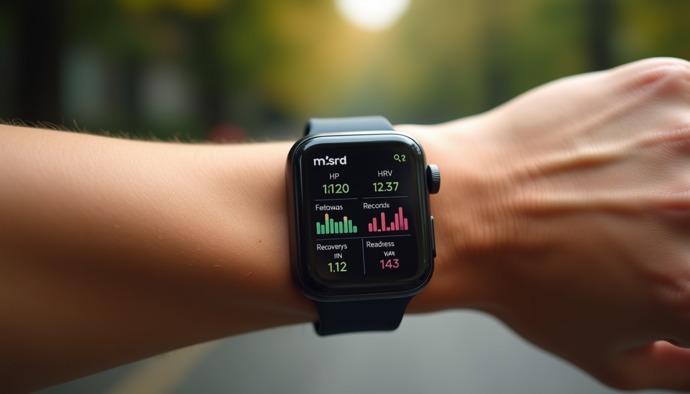 photo of a fitness smartwatch displaying HRV and recovery metrics on a person's wrist
