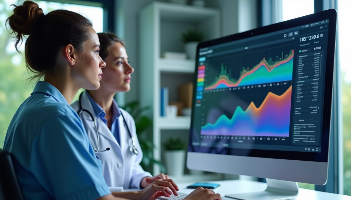photo of a doctor and patient reviewing health data together on a large screen