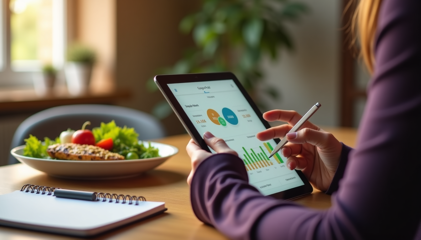 photo of a person reviewing workout and nutrition data on a tablet, with a notebook and healthy meal in the background