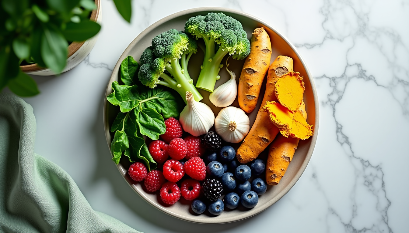 photo of a colorful, organized plate of detox-supportive foods: broccoli, garlic, turmeric, berries, and leafy greens