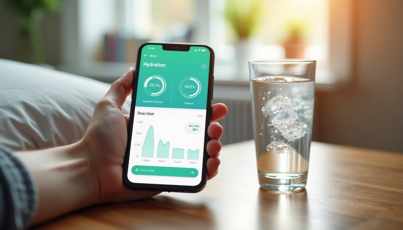 photo of a person's hand holding a smartphone, displaying a simple hydration tracking app with charts for weight and intake, next to a glass of water on a bedside table