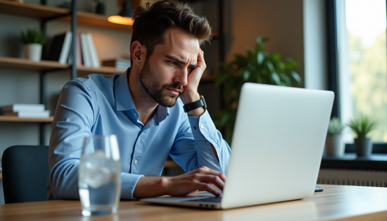 photo of a professional in a modern office, looking fatigued and staring at a laptop screen, with a nearly empty glass of water on the desk
