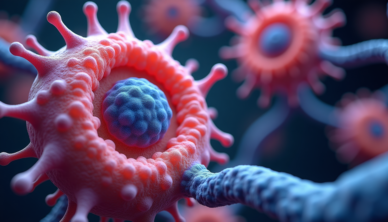 realistic rendering of a biological cell showing mitochondria and protein synthesis machinery