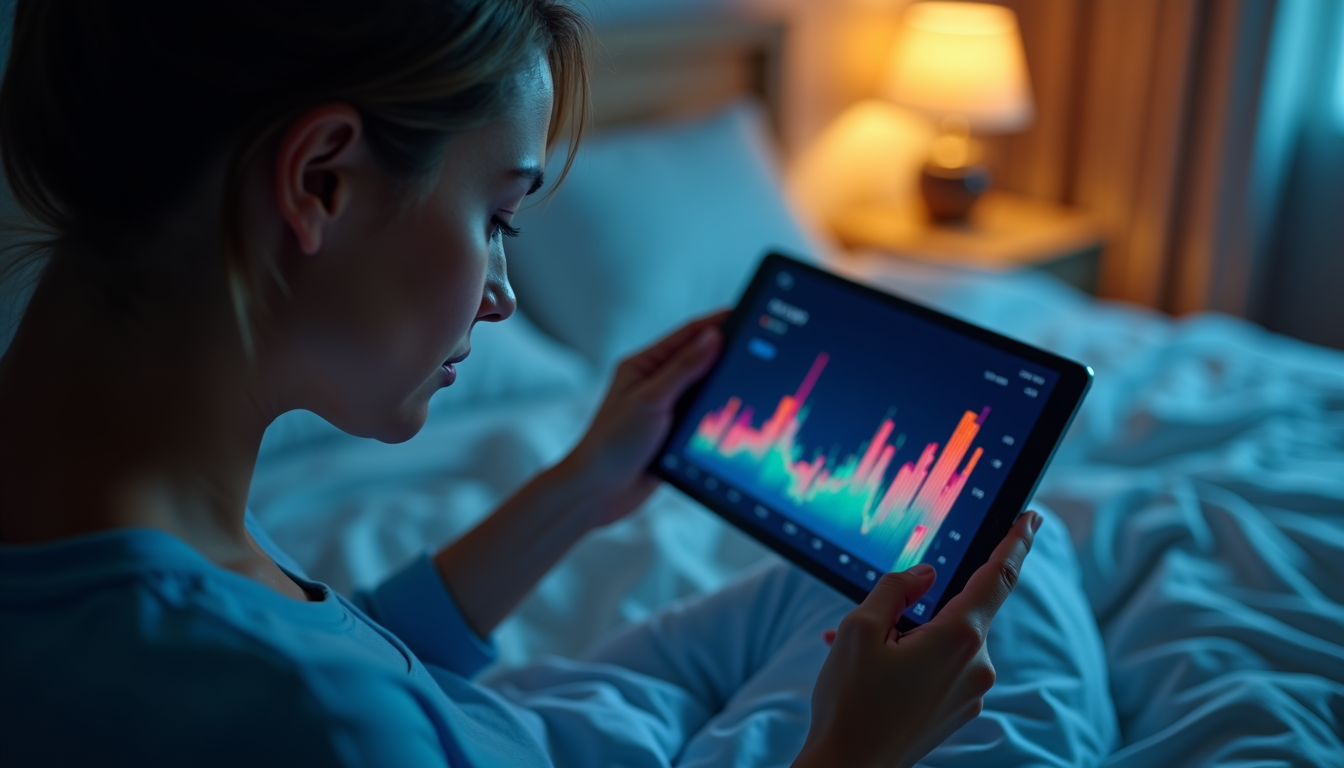 A person looking at a sleep data graph on a tablet in a dimly lit, calm bedroom setting