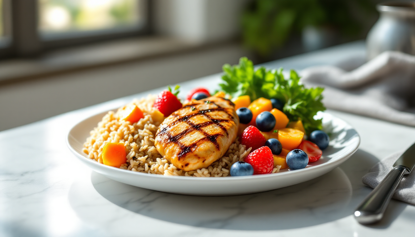 photo of a healthy post-workout meal plate with grilled chicken, brown rice, roasted vegetables, and berries