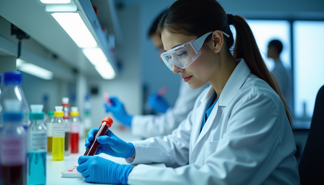 photo of a lab technician preparing blood samples for biomarker analysis in a modern laboratory