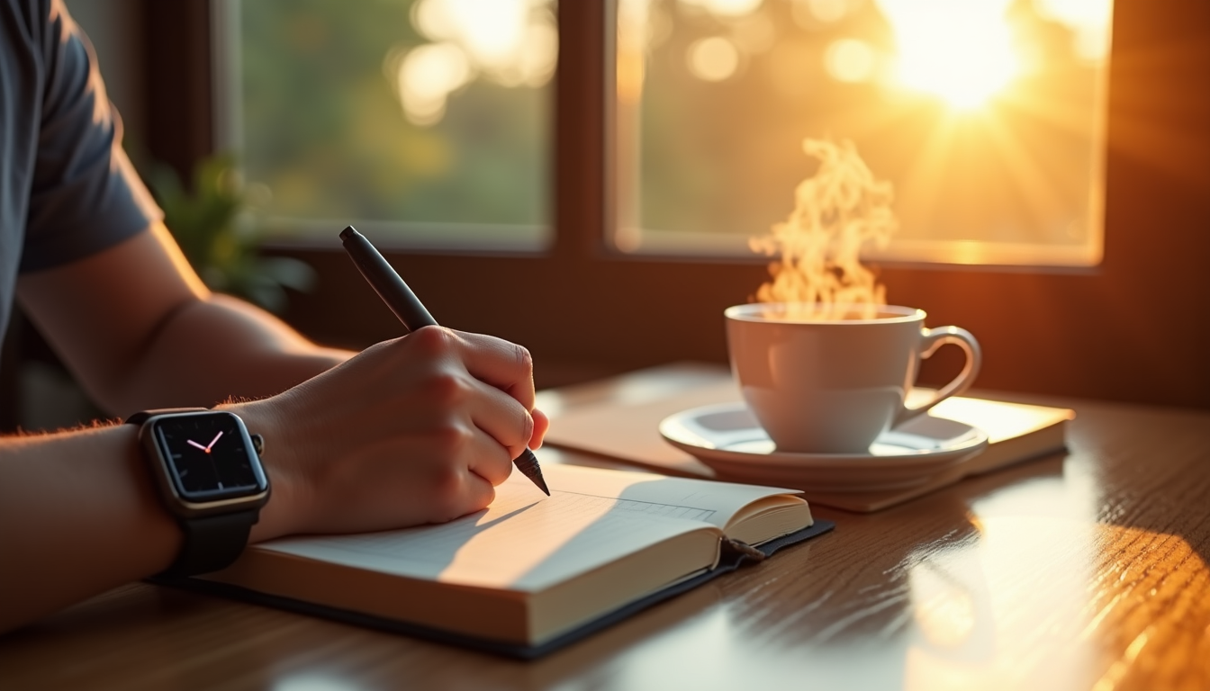 Photo of a person journaling in a morning log next to a cup of coffee and a smartwatch, with soft morning light