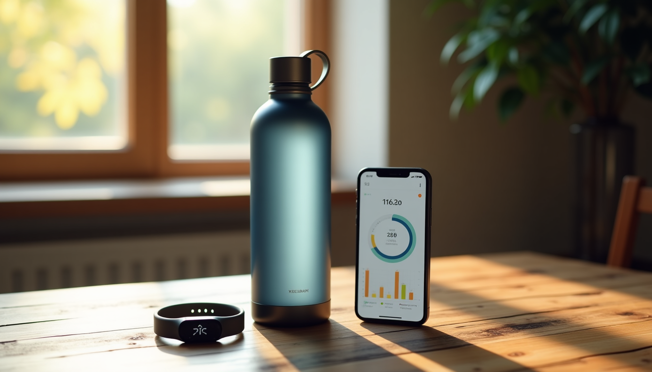 photo on a wooden desk showing a smart water bottle next to a smartphone displaying a hydration app dashboard, with a fitness tracker in the background