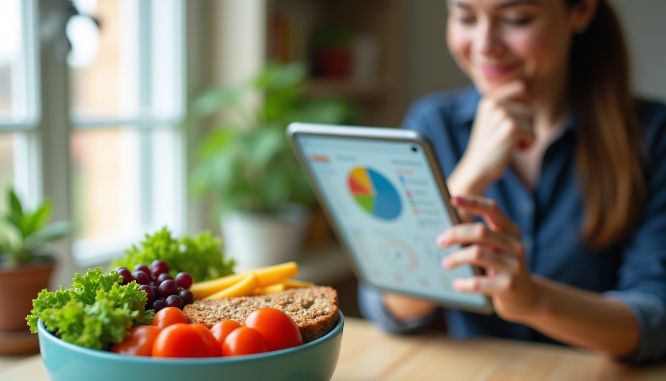 photo of a person thoughtfully looking at nutrition data on a tablet, with a bowl of colorful, macro-balanced food in the foreground
