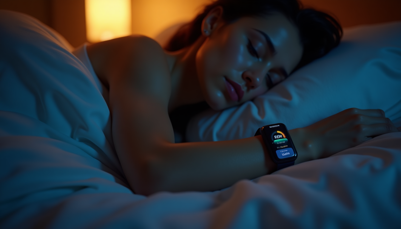 photo of a person sleeping peacefully while a wearable device on their wrist displays a sleep stage graph