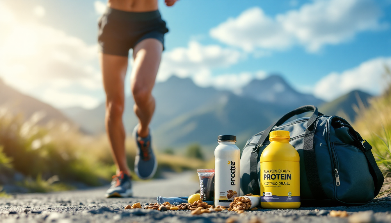 photo of an endurance athlete running outdoors with water bottle and sports nutrition products visible