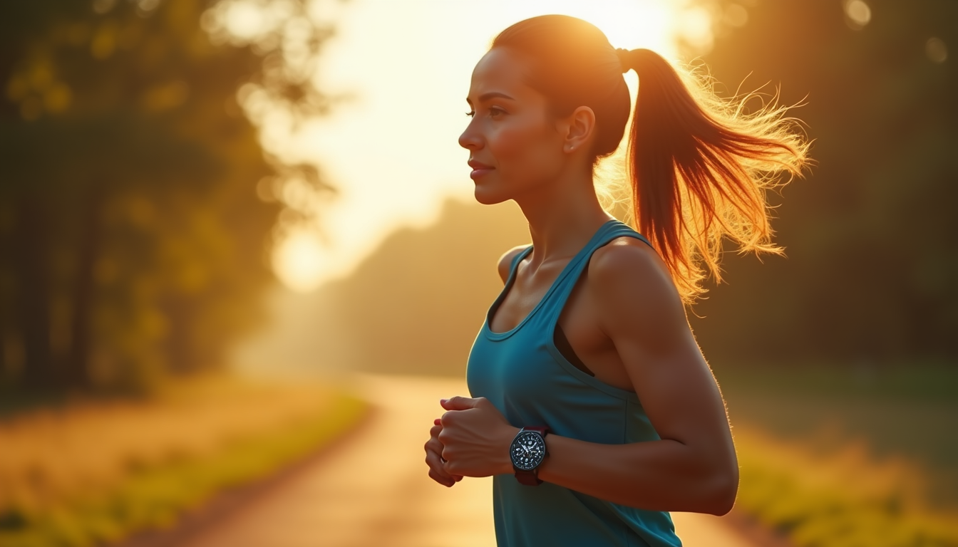 Photo of a runner looking at a fitness tracker on their wrist during a morning check-in, with soft natural light in the background.