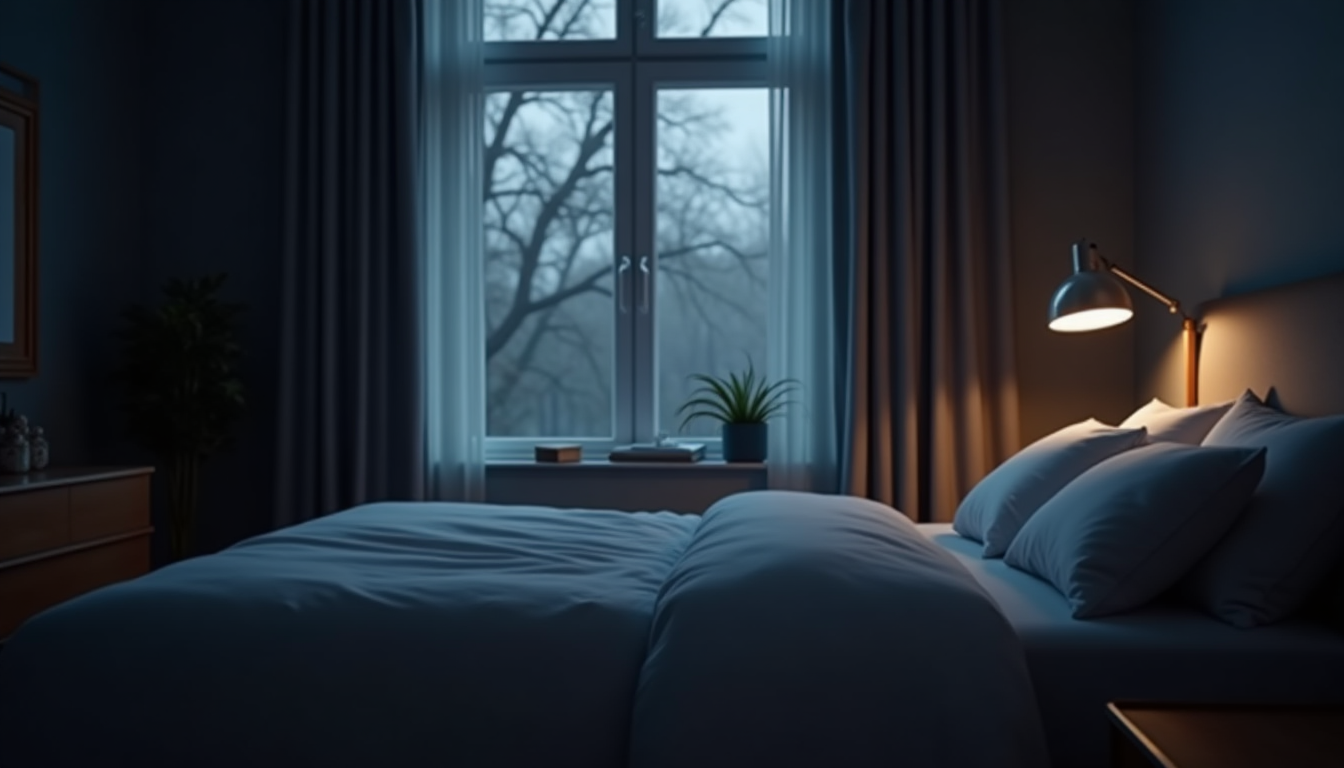 photo of a bedroom with dark curtains and minimal lighting